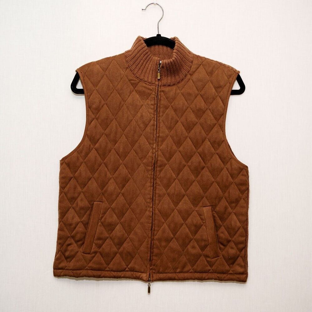 Petite Sophisticate M brown full zip‎ quilted sweater vest faux suede